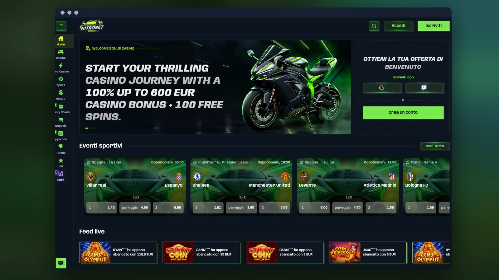 Banner del bonus casinò 100% fino a €600 più 100 giri gratuiti in homepage
