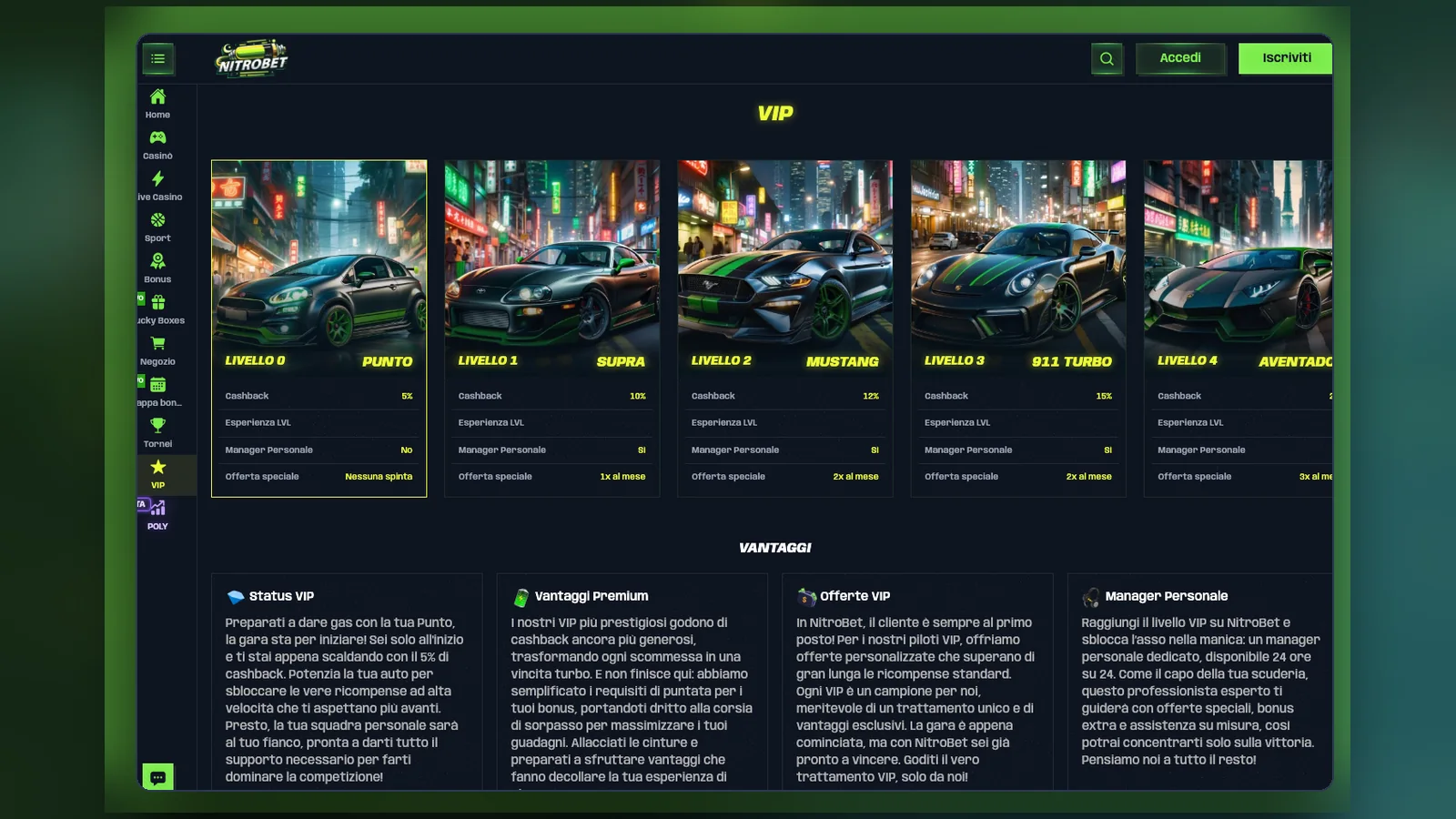 Pagina VIP con i livelli e i vantaggi del programma
