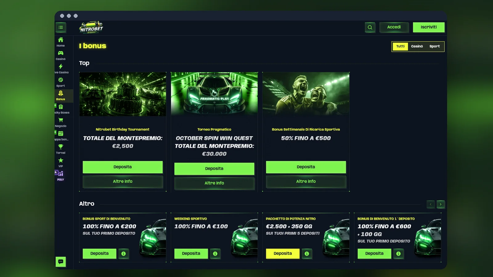 Pagina dei bonus con il pacchetto di benvenuto, i tornei e le offerte sport