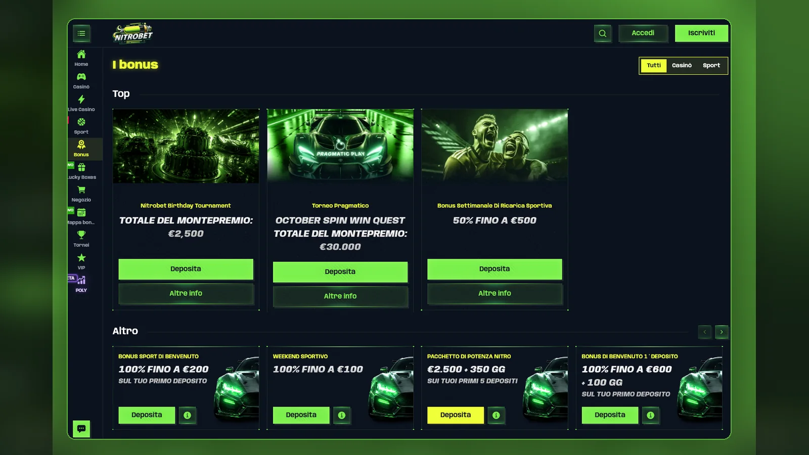 Pagina dei bonus con le offerte di benvenuto e i tornei in corso