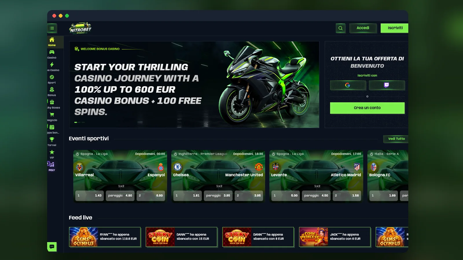 Homepage con il banner del bonus casinò fino a €600 e 100 giri gratuiti