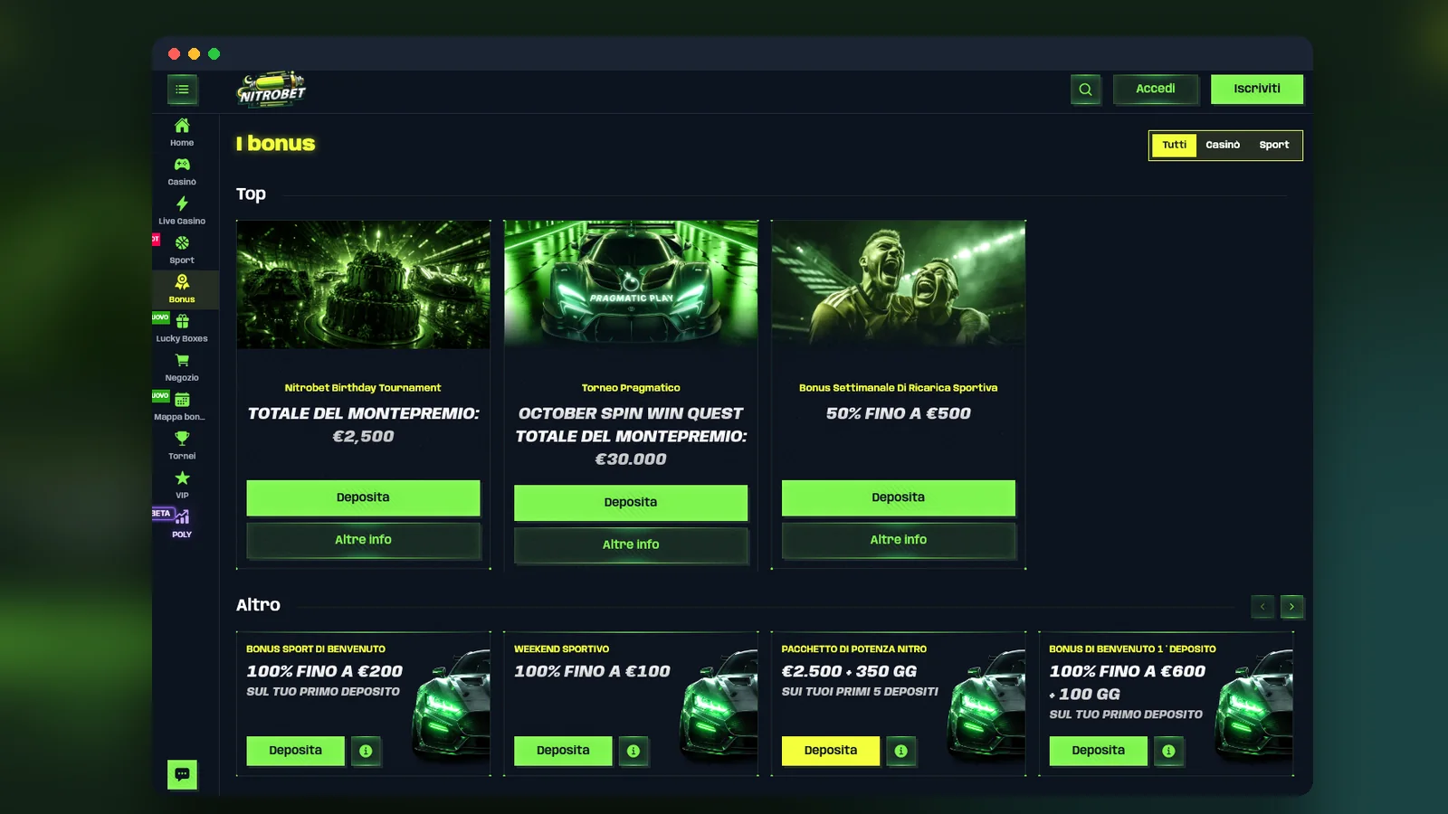 Pagina dei bonus con il bonus del primo deposito e il bonus sport di benvenuto