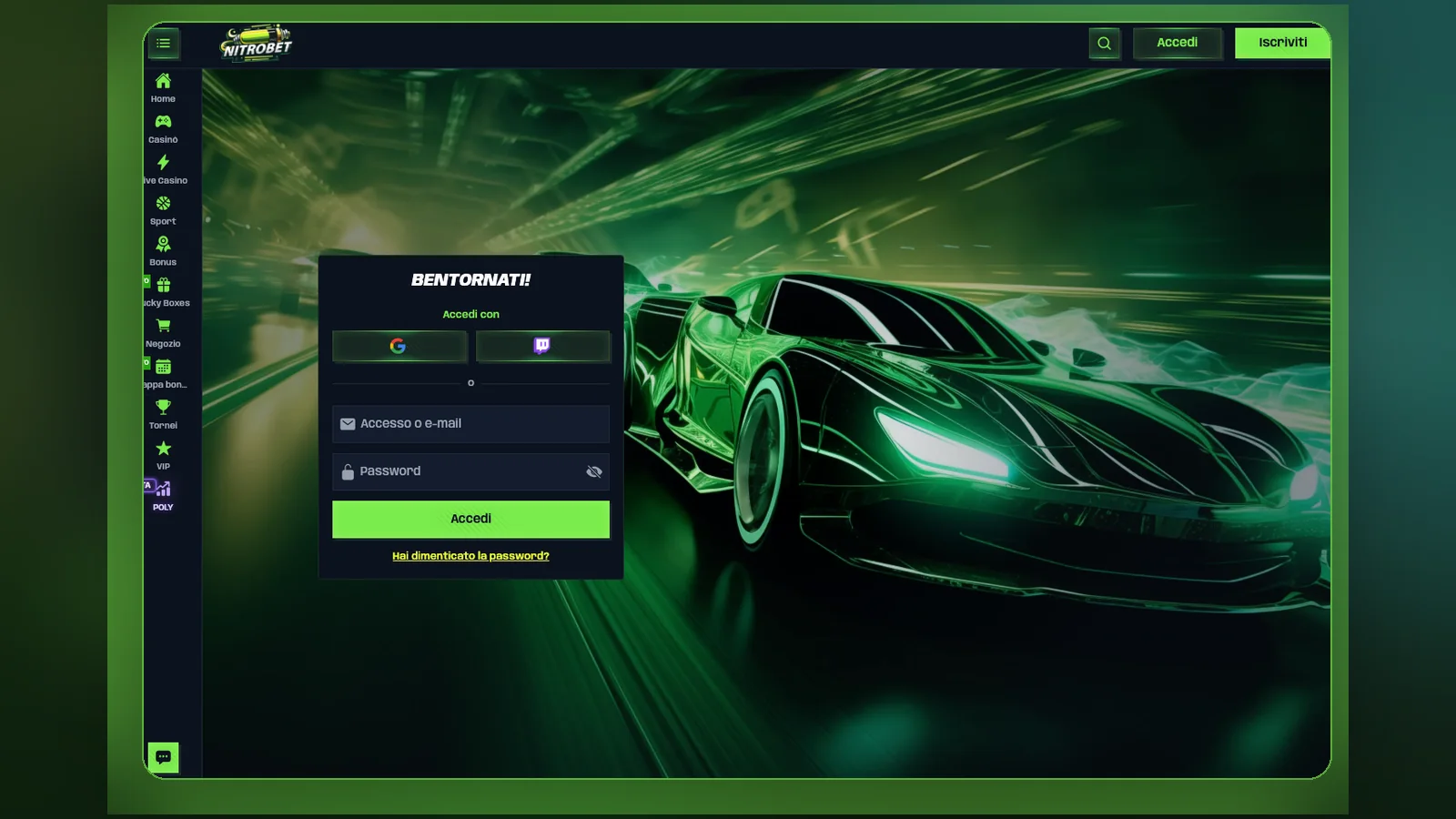 Finestra di accesso con l'opzione di entrare tramite Google o Twitch