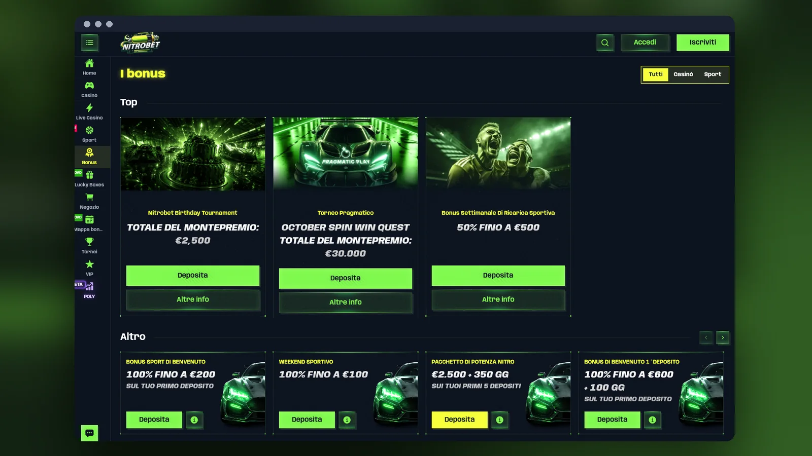 Pagina dei bonus con il bonus sport di benvenuto e il weekend sportivo