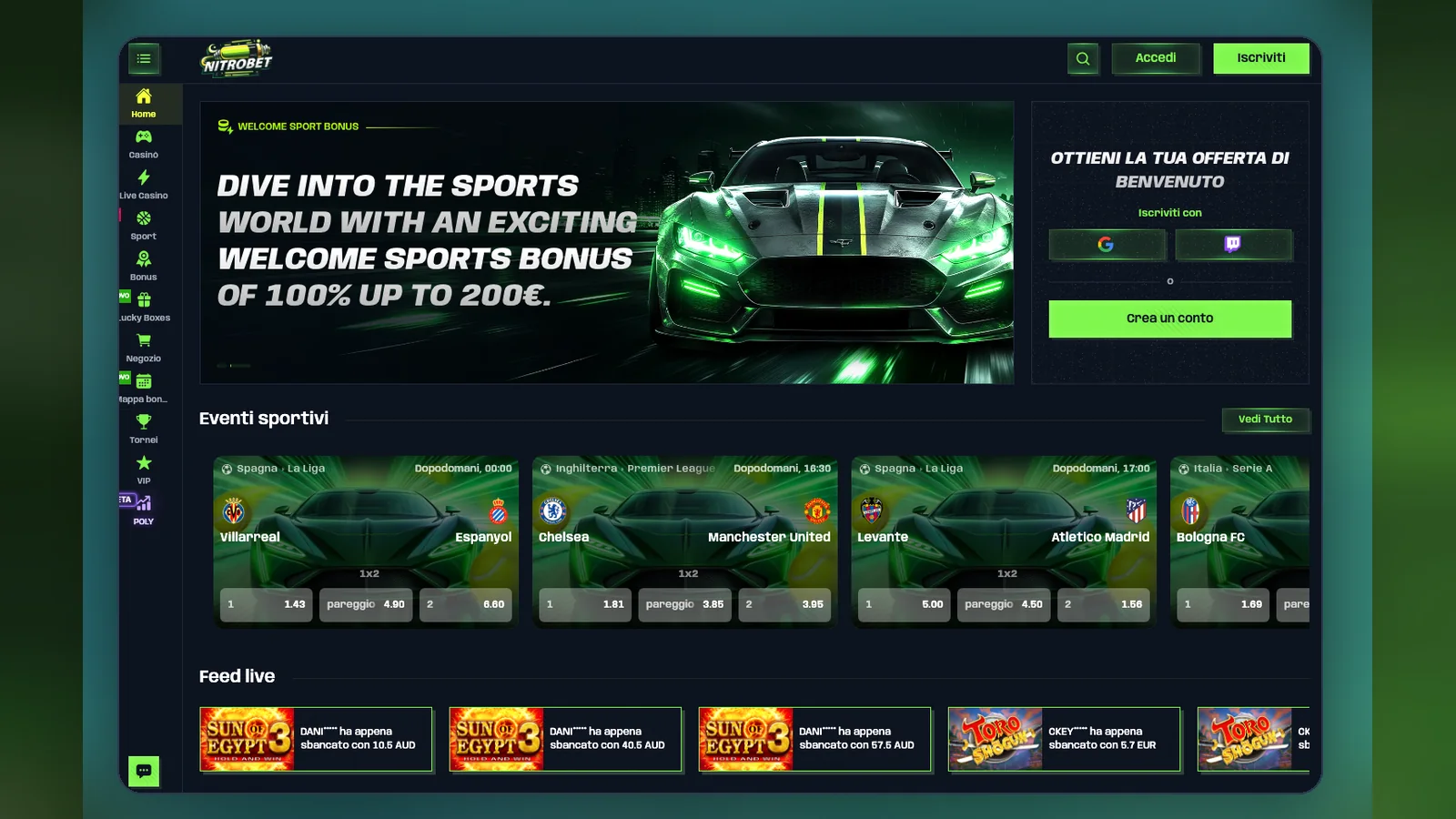 Homepage con il carosello degli eventi sportivi e le quote 1x2