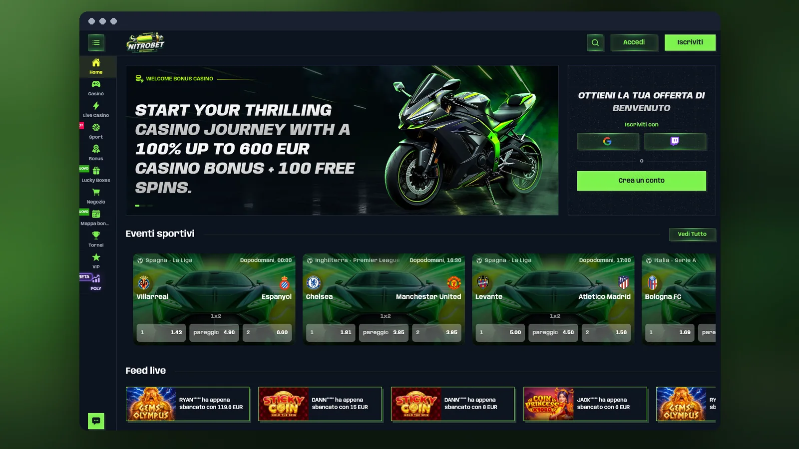 Homepage con il banner del bonus casinò e il feed delle vincite live
