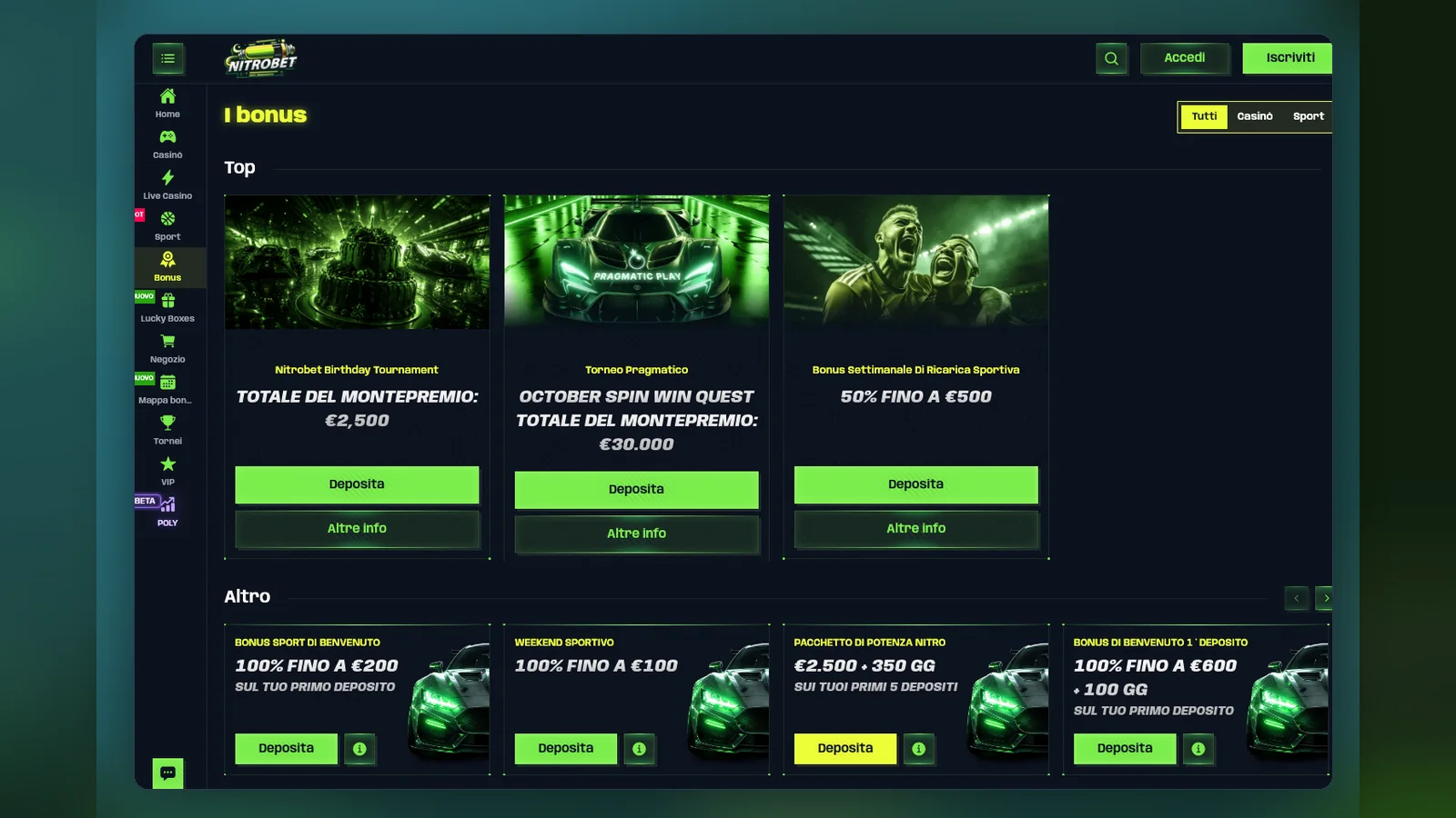 Pagina dei bonus con il torneo October Spin Win Quest e il Pacchetto di Potenza Nitro